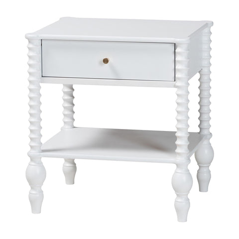 Baxton Studio Callison Spindle Nightstand - 1-Drawer Farmhouse Bedside Table with Open Shelf Storage and Turned Accents for Bedroom, White
