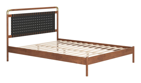 Zuo Netz Queen Bed Black & Walnut, Multicolor Bed, Modern Style, Faux Leather, Rubber feet Help Prevent Floor Scratches, Rubberwood, Indoor Bedroom, 63.4" W x 84.3" D x 39.8" H