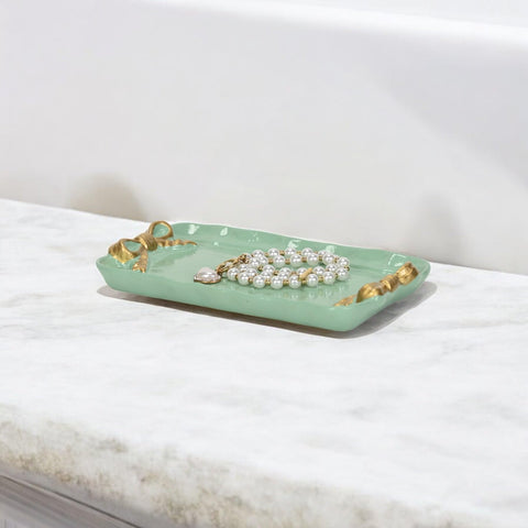 Lynza Teal & Gold Ribbon Themed Cast Iron Catchall Tray 7.5" - Metal Cast Iron Tray for Living Room Decor, Handcrafted Blue & Gold Finish - by Cheungs