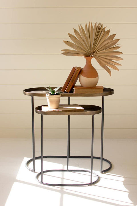 KALALOU Set of Two Oval Antique Brass Accent Tables CLL2686