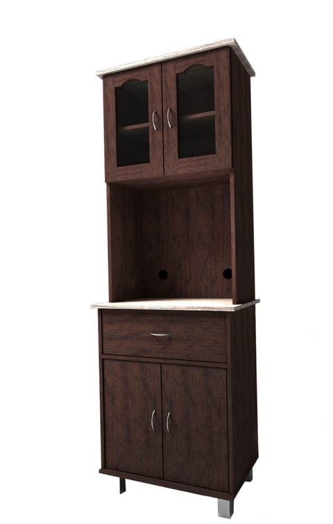 Hodedah Kitchen Cabinet with Top and Bottom Enclosed Cabinet Space, 1-Drawer, Plus Large Open Space for Microwave in Chocolate-Grey (HIK94 Choco-Grey)