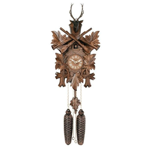 River City Clocks 15" Eight Day Hunter's Mechanical Cuckoo Hand-Carved Maple Leaves, Rifles, and Buck Wall Clock, Brown