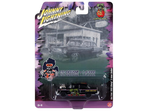 Johnny Lightning 1955 2-Door Sedan R F Racing Black with Graphics CTC Exclusive Series Limited Edition to 3000 Pieces Worldwide 1/64 Diecast Model Car JLCP7386