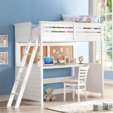Acme Lacey Wooden Frame Twin Loft Bed with Desk in White