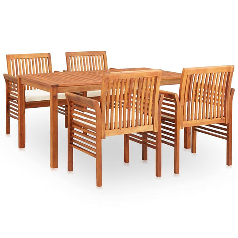 vidaXL Solid Acacia Wood 5 Piece Patio Dining Set with Cream White Cushions Garden Terrace Dinner Table Chairs Backyard Courtyard Porch Poolside Home