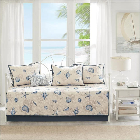 Oakestry 6-Pc Double Sided Quilting Daybed Cover All Season Bedding Set with Bed Skirt, Matching Shams, Decorative Pillow 75 in X 39 in, Seashell Blue