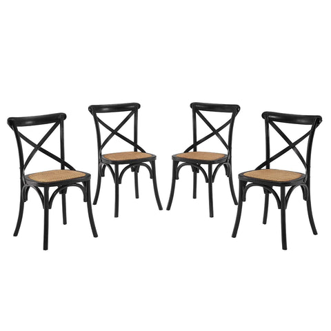 Modway Gear Rustic Modern Farmhouse Elm Wood Rattan Four Dining Chairs in Black