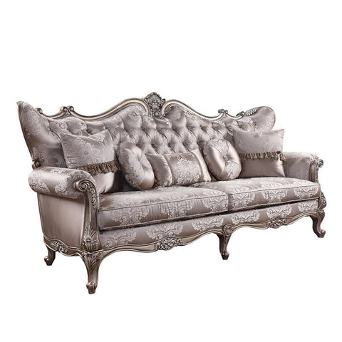 Acme Jayceon Fabric Tufted Sofa with 5 Pillows in Champagne Beige