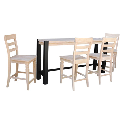 International Concepts Unfinished Solid Wood Tall Accent Table with Black Iron Legs and Four Stools