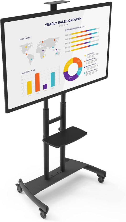 Kanto MTM86PL Height Adjustable Rolling TV Stand for most 55" - 86" TVs and Interactive Displays - Supports TVs up to 200lbs - Includes a top shelf and keyboard tray - Max VESA 800x500