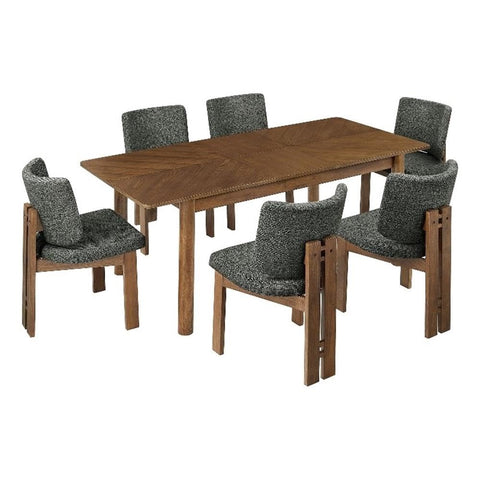 Modway Alba 7-Piece Dining Set in Walnut Charcoal – Extendable Wood Dining Table with Leaf and 6 Upholstered Armless Chairs with Curved Backrests