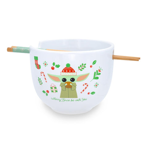 Star Wars: The Mandalorian Grogu The Child Merry Force Be With You Ceramic Dinnerware Set | Includes 20-Ounce Ramen Noodle Bowl and Wooden Chopsticks