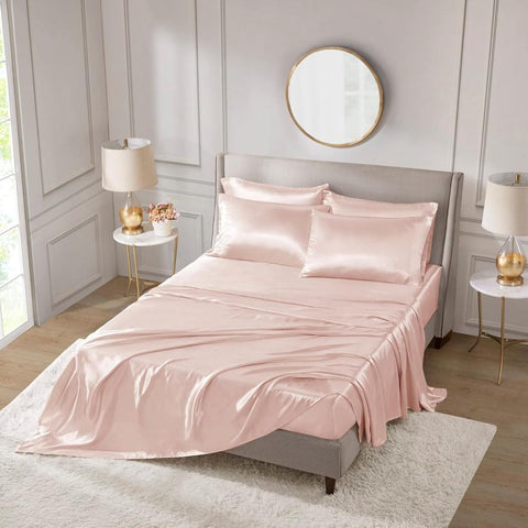 Oakestry 6 Pc 180 Thread Count 14" Deep Pocket All Year Round Wrinkle Free Lightweight Rich Sateen Hotel Bedding Silky Soft Sheet Set, Cal King Size, Blush