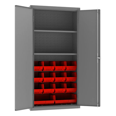 Durham 3602-BLP-14-2S-1795 Lockable Cabinet with 14 Red Hook-On Bins, 2 Adjustable Shelves, Flush Door Style, 36" Wide, 14 Gauge, Gray