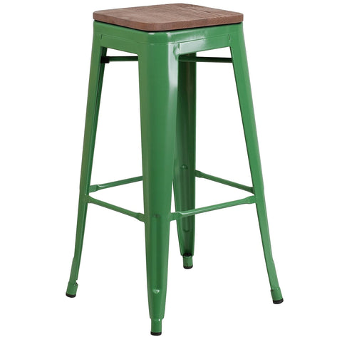 Flash Furniture Lily 30" High Backless Green Metal Barstool with Square Wood Seat