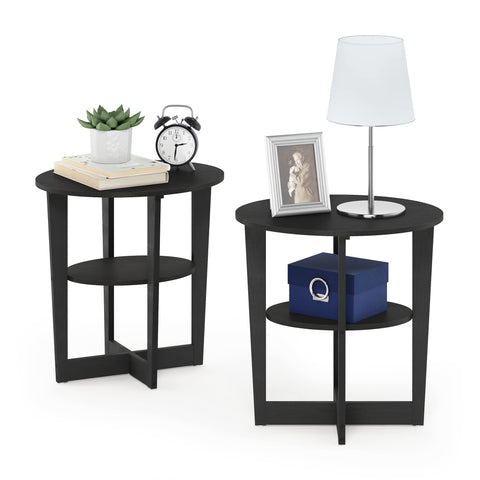 Furinno JAYA Side Table Set of 2, 2-Tier Round Modern End Table with Oval Tabletop, Night Stand, Bedside Table with Open Shelf, for Living Room, Bedroom, Walnut