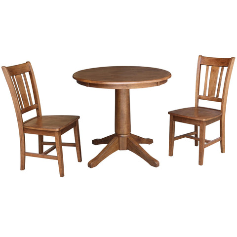 IC INTERNATIONAL CONCEPTS 30" Solid Wood Round Pedestal Table in Distressed Oak with 2 San Remo Chairs