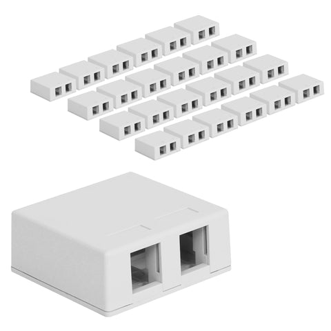 ICC 2 Port Surface Mount Box in White, 25 Pack, Works with Slim and Wide Profile Keystone Jacks (Sold Separately), Compact Outlet for Voice and Data Connections, UL Listed TAA Compliant, IC107BC2WH