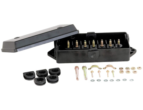 Buyers Products 5601100 Polypropylene Electrical Junction Box with 7 Terminals for Truck & Trailer Wiring – Weather-Resistant Polymer, Sealed Lid, Includes Cover, Grommets & Strain Relief Hardware