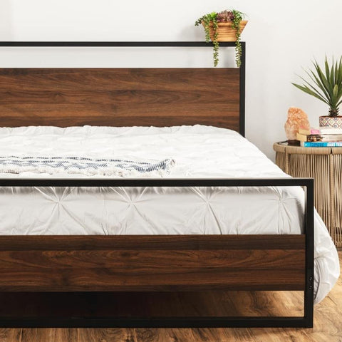 Fast Furnishings Modern FarmHome Queen Low Profile Metal Wood Platform Bed
