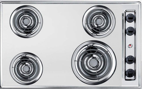 Summit 30" 4 Burner Electric Cooktop. 230 Volt Coil Electric Cooktop, Stainless Steel Look- ZEL05