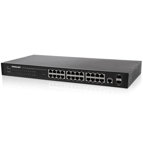 Intellinet 24 Port Web Managed Gigabit Ethernet Switch with 2 SFP Ports –with 19" Rackmount Brackets, SNMP Management and Remote Monitoring, Metal Housing, Fanless & Quiet–3 Yr Mfg Warranty-560917