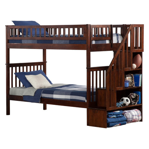 Woodland Staircase Bunk Bed Twin over Twin with 2 Urban Bed Drawers in Walnut