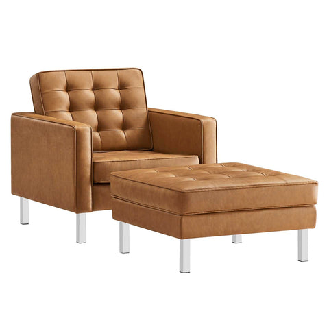 Modway EEI-6409-SLV-TAN-SET Loft Tufted Vegan Leather Armchair and Ottoman Set, Silver Tan