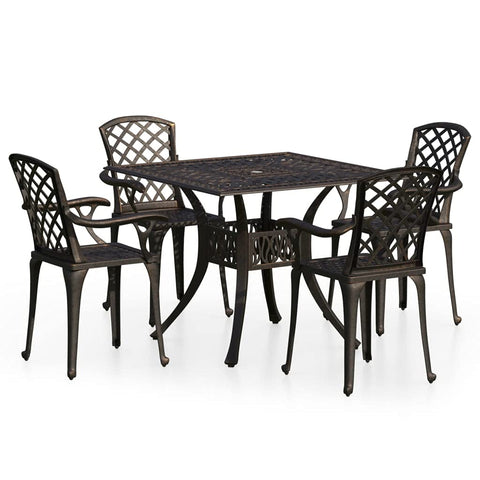 vidaXL 5 Piece Outdoor Bistro Set in Bronze | Cast Aluminum Patio Furniture | Stylish and Durable Garden Dining Set with Umbrella Hole | Comfortable Seating Experience