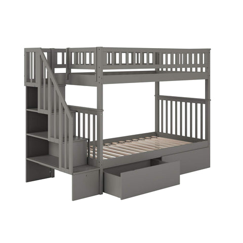 Woodland Staircase Bunk Twin over Twin with Turbo Charger and Urban Bed Drawers in Grey