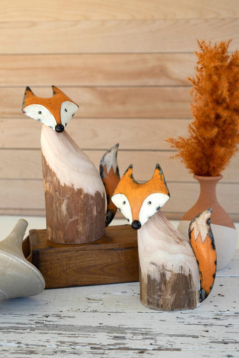 KALALOU NBA2440 Set of Two Recycled Wood and Iron Foxes