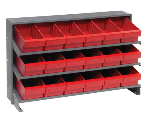 Quantum QPRHA-601RD Sloped Quickpick Cart | Bench Style Mobile Storage Rack for Industrial Display | (18) QED601 Red Bins; (3) Shelves | 250 lbs Capacity, 12.5"L x 36"W x 23"H, Gray, Carbon Steel