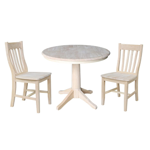 IC INTERNATIONAL CONCEPTS 36" Round Top Solid Wood Pedestal Table with 2 Cafe Chairs in Unfinished