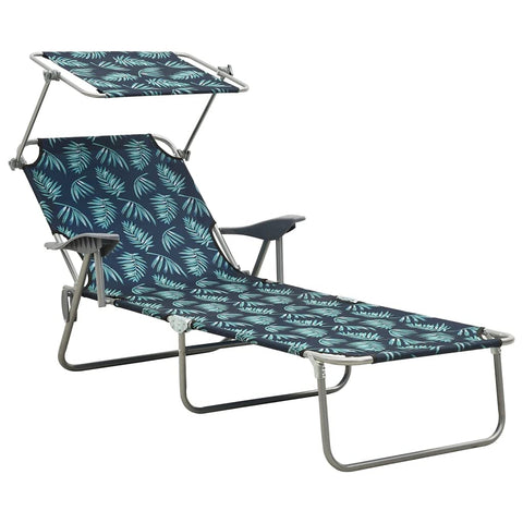 vidaXL Sun Lounger with Canopy - Adjustable, Foldable and Portable Outdoor Day Bed with Leaf Print & Powder-Coated Steel Frame - Perfect for Garden, Beach and Poolside
