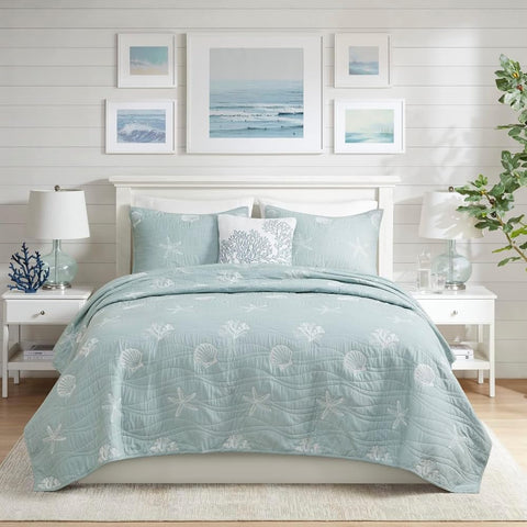 Oakestry 4-Pc Seaside Reversible Coral Embroidery Cotton Printed Quilt Set with Coverlet Decorative Pillow King Sham Coastal Aqua, King/Cal King(108"X90")