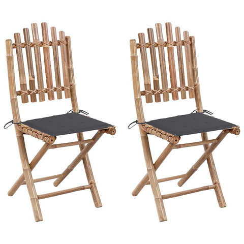 vidaXL Bamboo Folding Patio Chairs - Outdoor Set of 2 with Cushions - Anthracite Fabric - Garden/Deck Lounging