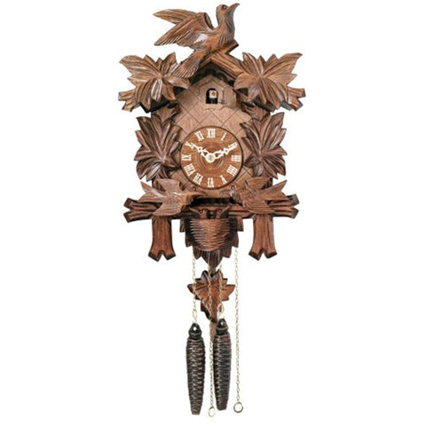River City Clocks One Day Cuckoo Clock with Carved Maple Leaves and Moving Birds, Hand-Painted Flowers, 13-Inch Tall
