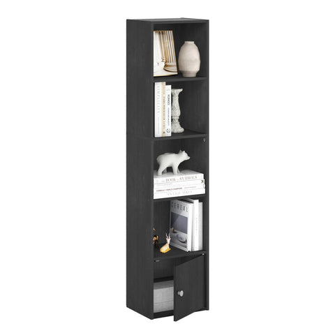 Furinno LUDER Book Shelf, 5-Tier Modern Bookshelf, Bookcase with 1 Door Storage Cabinet, 9.3 x 12 x 52,for Organization and Storage, for Living Room, Bedroom, Home Office, Blackwood