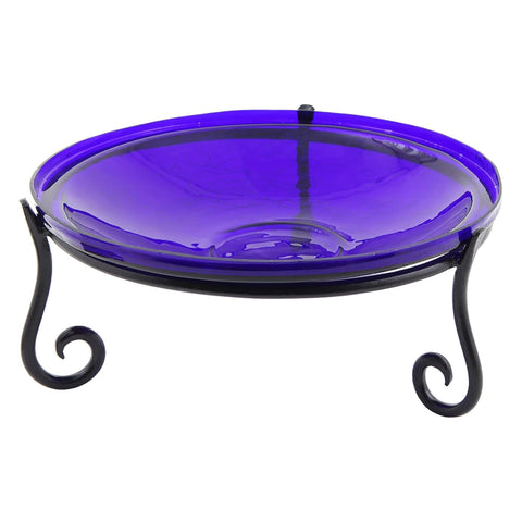 Oakestry Cobalt Crackle Short Stand Birdbath Glass Garden Outdoor Water Feature Fourteen Inch