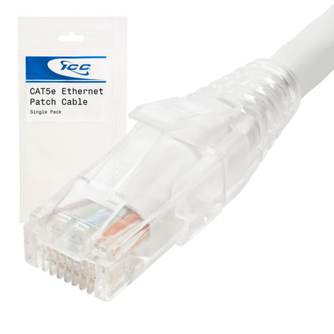 ICC CAT5e Ethernet Patch Cord with Clear Boot Strain Relief, RJ45, Stranded, 350 MHz, UTP, Pure Bare Copper Wire, 24 AWG, LAN Network Patch Cable, White, 25 FT, Single