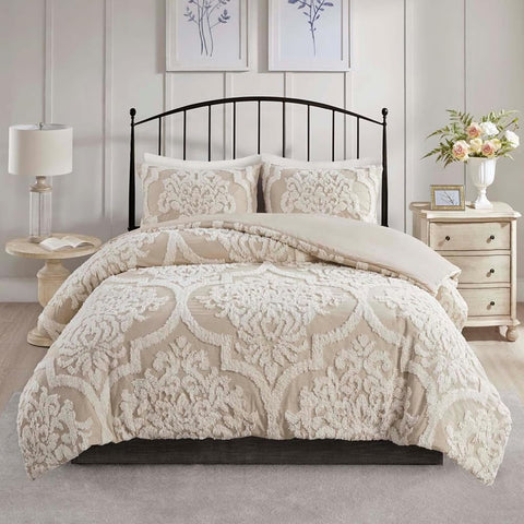 Oakestry 3Pc Tufted Chenille Comforter Cover Soft Bed Set Durable and Easy Care Breathable Durable Easy Care, Simple Style Farmhouse, King/Cal King, Damask