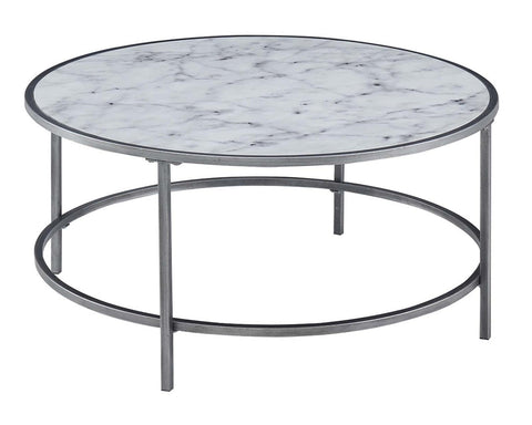 Convenience Concepts Gold Coast Faux Marble Round Coffee Table, White Faux Marble / Silver Frame