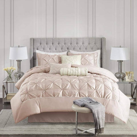 Oakestry 7-Pc Laurel Cozy Comforter Set Blush All Season Tufted Design Soft Down Alternative Blanket with Matching Shams & Decorative Pillow, Full(82"X90")
