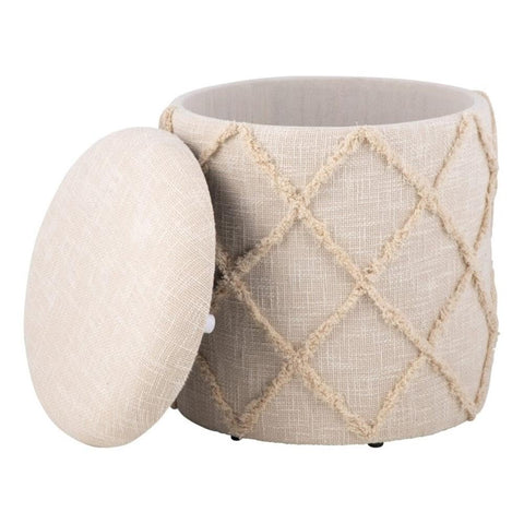 Carolina Chair & Table Handwoven Fabric Storage Ottoman with Round Wooden Base - Solid Wood Frame, Hidden Storage Pouf Stool - Compact Foot Stools for Bedrooms, Entryways, Living Rooms (Ecru Diamond)