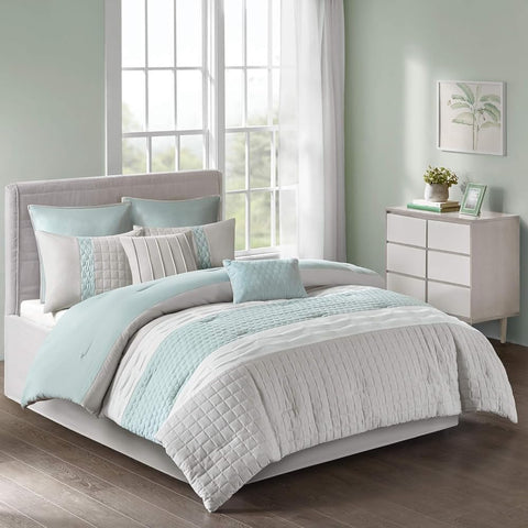 Oakestry 8Pc Geometric Theme Cozy Comforter Set Bedding All Season Down with Comforters Sheets Pillowcases & Shams, Full/Queen (90"x90"), Seafoam/Grey