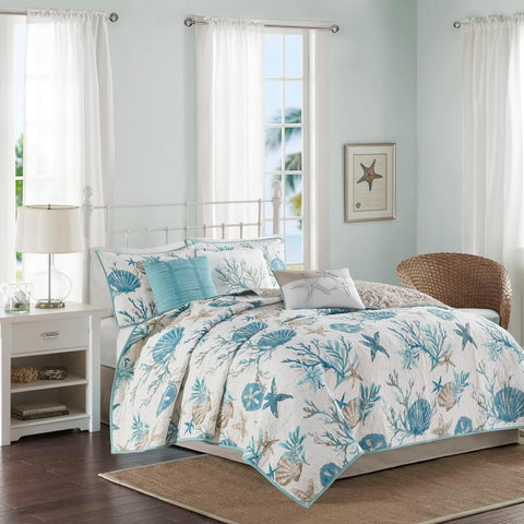 Oakestry 6-Pc Quilt Set for Lightweight and Breathable Bedding Shams Toss Pillows for All Season Coastal Themed, Full/Queen(90"x90"), Pebble Beach Aqua