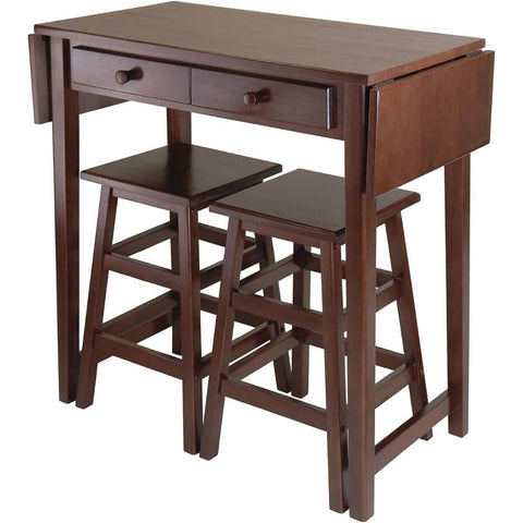Oakestry Mercer Double Drop Leaf Table with Two Stools Cappuccino Solid and Composite Wood Construction with Two Storage Drawers Space Saving Design for Kitchen Dining or Game Room