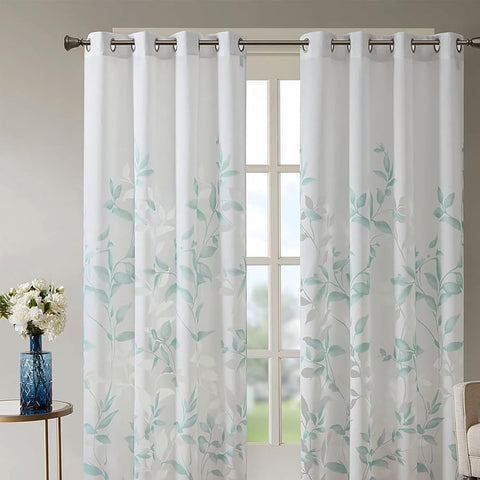 Oakestry Cecily Semi Sheer Burnout Botanical Print Light Filtering 1 Panel Curtain Easy to Hang with Grommet Top Fits 1.25" Diameter Rod, 50x84, Leaves Aqua