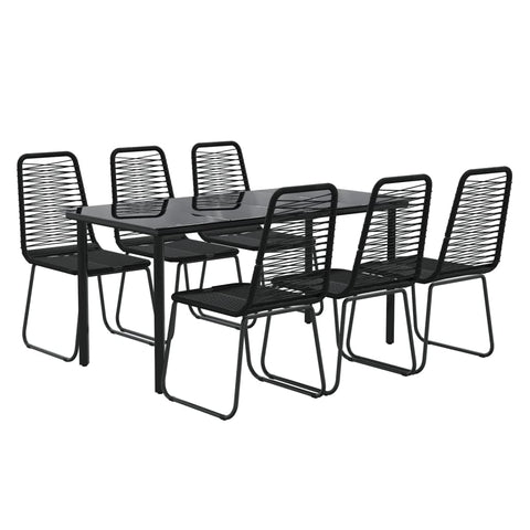 vidaXL 7-Piece Patio Dining Set - Black Outdoor Rattan Wicker Table & Chairs, Weather-, Steel Frame, Tempered Glass Top, for Garden, Deck, Patio