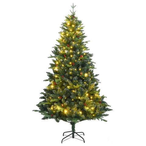 vidaXL Green Artificial Hinged Christmas Tree with LEDs: Lifelike PE Tips, Decorative Red Berries and 8 Modes Light Effect â€“ Indoor/Outdoor Holiday Decoration